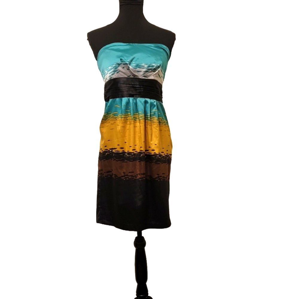 The Limited Strapless Satin Watercolor Pocket Zip Mini Cocktail Dress